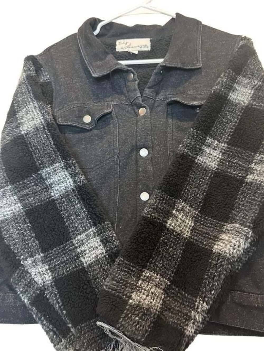 Vintage Havana Black Denim and Buffalo Plaid Sherpa Jacket with Raw Edge Cuffs